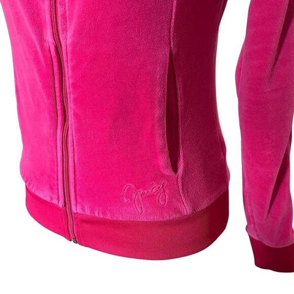 Early 2010s Juicy Couture Hot Pink Velvet Velour Hooded Tracksuit Jacket XS - Picture 3 of 8